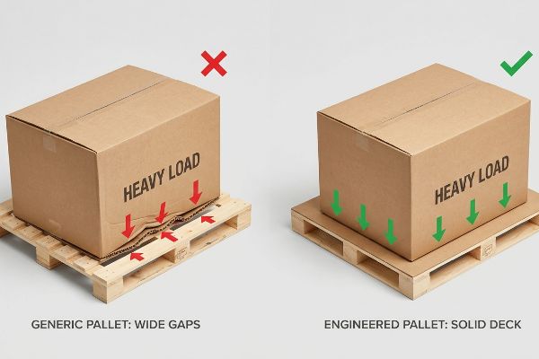 Heavy Load corrugated box sagging on a generic wide-gap pallet compared to a stable box on an engineered solid-deck pallet.