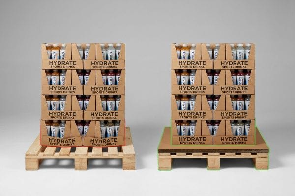 Pallet Sag vs. Support Two wooden pallets display Hydrate Sports Drinks, one showing bottom-tier carton sag into pallet gaps, the other using a corrugated slip sheet for solid support.