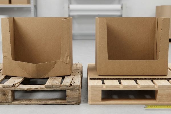 Brown corrugated display boxes on a damaged pallet with wide gaps and a structurally sound pallet, highlighting base support.