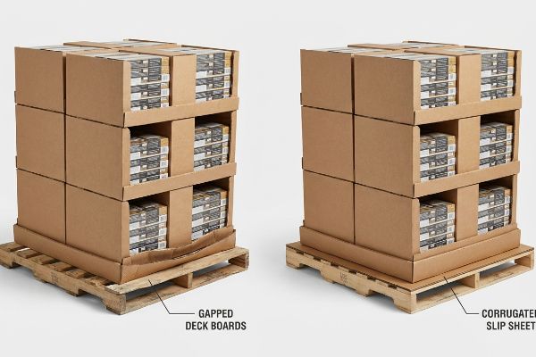 Corrugated displays on pallets, comparing a sagging base over Gapped Deck Boards to a stable base with a Corrugated Slip Sheet.