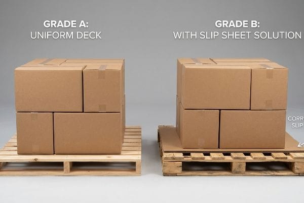 Brown corrugated boxes are stacked on two wooden pallets, illustrating Grade A: Uniform Deck versus Grade B: With Slip Sheet Solution, which utilizes a Corrugated Slip sheet.