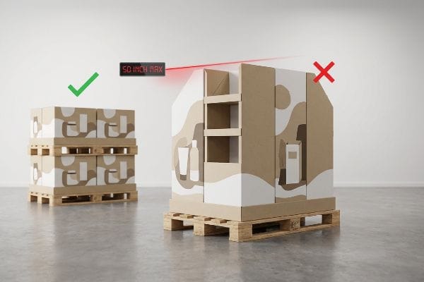 A digital display shows a 50 Inch Max height limit with a laser, illustrating correct pallet stacking versus an oversized retail display.