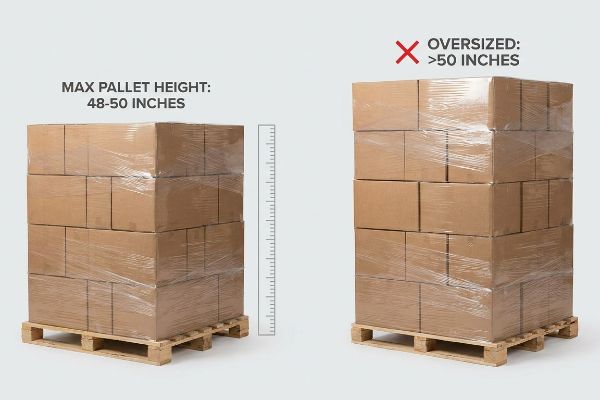 Two palletized stacks of cardboard boxes, illustrating Max Pallet Height 48-50 Inches for safe double-stacking versus Oversized >50 Inches with a red X.
