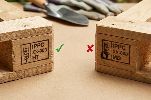 Les blocs de palettes en bois indiquent que le bois traité thermiquement « IPPC XX-000 HT » sûr avec une coche verte par opposition au bois traité au bromure de méthyle « IPPC XX-000 MB » non sûr avec un X rouge, pour le jardinage.