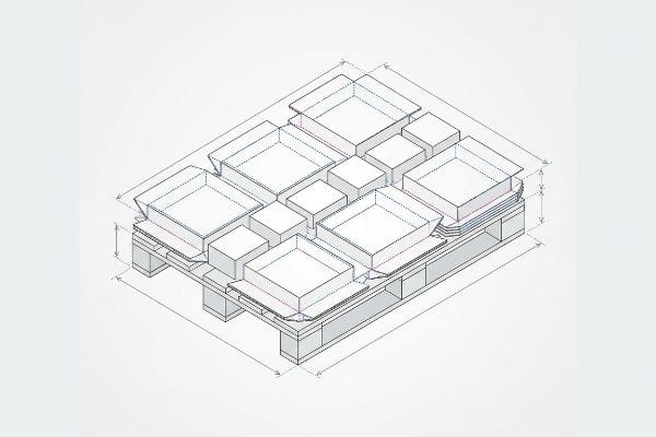 Isometric technical drawing of a pallet layout with various empty corrugated boxes and trays, illustrating optimized shipping for retail POP displays.