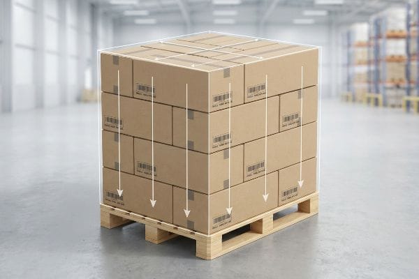 Palletized corrugated boxes in a warehouse illustrate vertical weight distribution with white lines for optimized packaging and efficient loading.