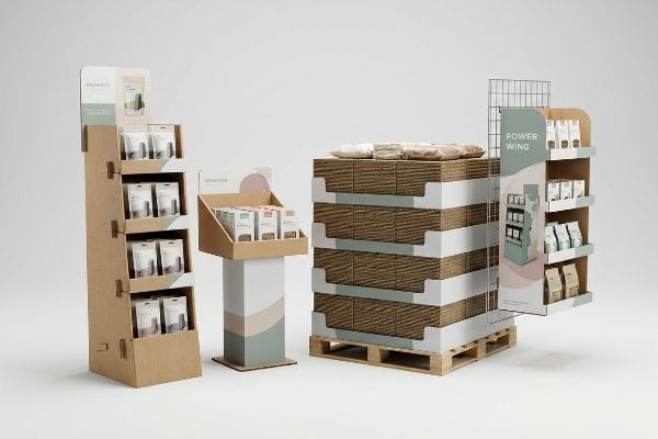 Corrugated cardboard retail displays: floor stand, counter tray, pallet merchandiser, and Power Wing, with Brandco products.