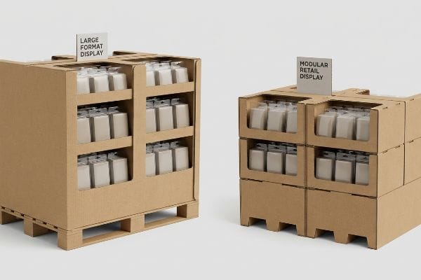 Brown corrugated cardboard displays compare a Large Format Display on a wooden pallet with a Modular Retail Display, both holding white product packages.