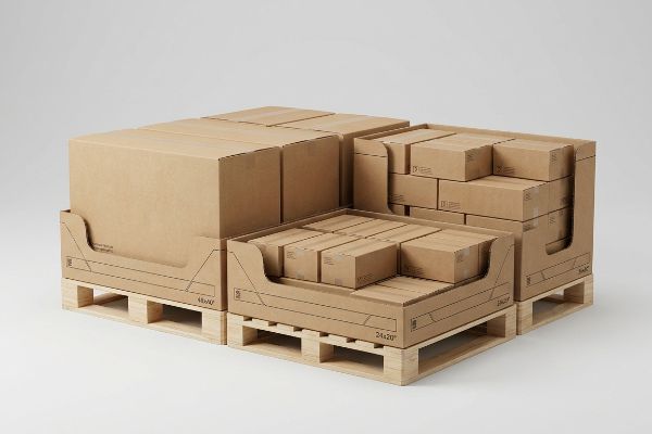 Brown corrugated cardboard boxes and modular trays, sized 48x40 and 24x20 inches, neatly arranged on wooden pallets for retail display.