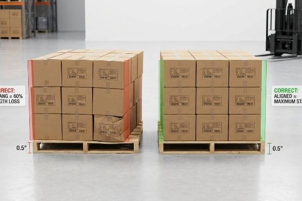 Brown cardboard boxes on pallets, showing Incorrect Overhang with 60% Strength Loss and Correct Aligned stacking for Maximum Strength, highlighting a 0.5-inch difference.