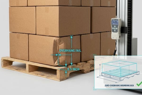 Brown corrugated master cartons on a GMA pallet illustrate a 0.5 Inch Overhang Fail, with a Mark-10 4125 compression tester visible and a Zero-Overhang Bounding Box diagram.
