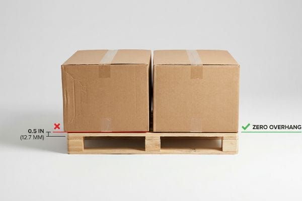 Two corrugated boxes on a wooden pallet, showing a 0.5 In (12.7 Mm) overhang on the left and Zero Overhang on the right.
