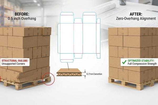 Corrugated boxes on pallets, illustrating structural failure from 0.5 inch overhang versus optimized stability with zero-overhang alignment.