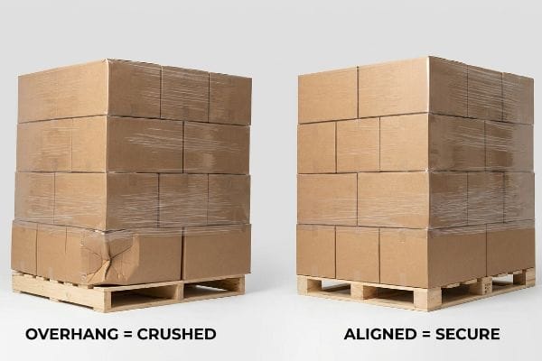 Shrink-wrapped cardboard boxes on pallets. Left: Overhang = Crushed. Right: Aligned = Secure, showing proper pallet fit.