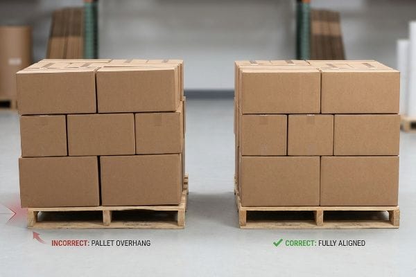 Brown corrugated boxes on wooden pallets, contrasting Incorrect: Pallet Overhang with Correct: Fully Aligned stacking for warehouse compression strength.