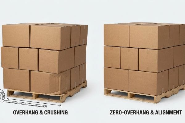 Two stacks of brown cardboard boxes on wooden pallets, contrasting Overhang & Crushing with Zero-Overhang & Alignment for optimal box compression.