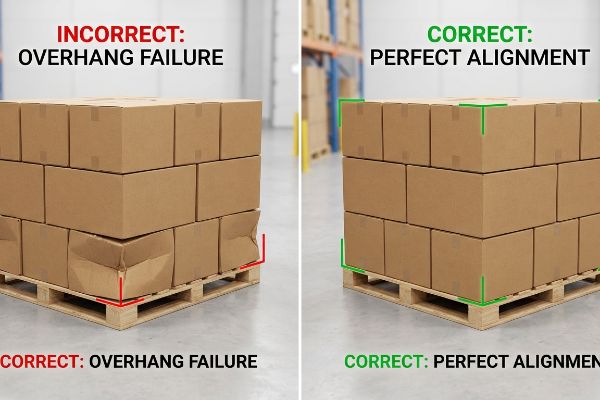 Brown corrugated master cartons on wooden pallets show Incorrect: Overhang Failure with bowing, contrasted with Correct: Perfect Alignment preventing compression.