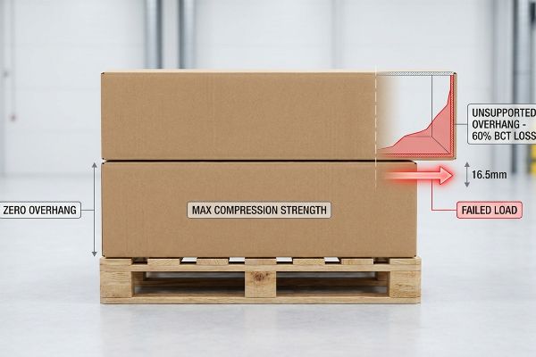 Two cardboard boxes on a pallet, showing 16.5mm Unsupported Overhang leading to 60% BCT Loss and a Failed Load.