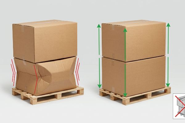 Crushed corrugated shipping box with red stress lines on a pallet, contrasted with stable, intact boxes demonstrating proper vertical load distribution and zero overhang.