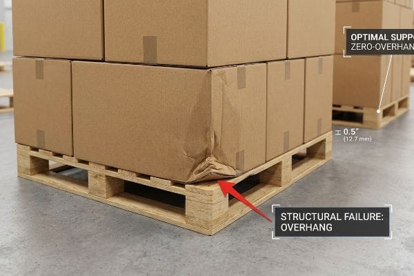 A corrugated box corner crushed due to 0.5-inch (12.7 mm) overhang on a wooden pallet, labeled 