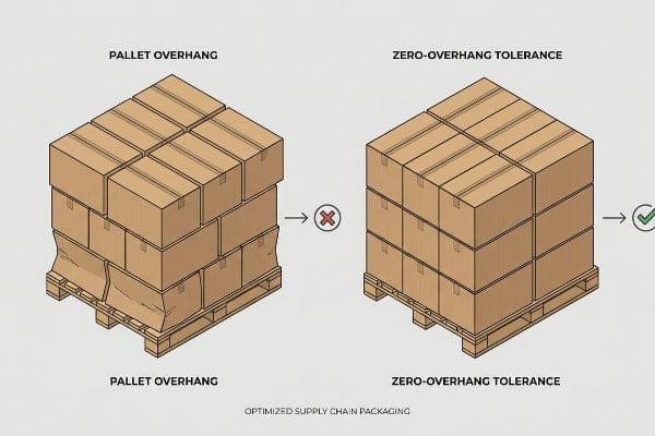 Crushed cardboard boxes on a wooden pallet demonstrate Pallet Overhang versus stable Zero-Overhang Tolerance for Optimized Supply Chain Packaging.