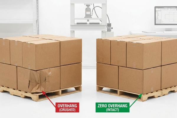 Brown corrugated boxes on wooden pallets, illustrating a crushed stack with Overhang (Crushed) and an intact stack with Zero Overhang (Intact).