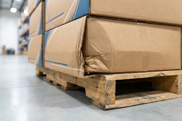 Brown corrugated box with a buckled corner from pallet overhang on a wooden GMA pallet, illustrating shipping damage.