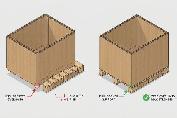 Brown corrugated boxes on pallets illustrate proper and improper loading. The left box shows "Unsupported Overhang" and "Buckling Risk" due to a 12.7mm overhang. The right box demonstrates "Full Corner Support" and "Zero Overhang, Max Strength" for optimal stability.