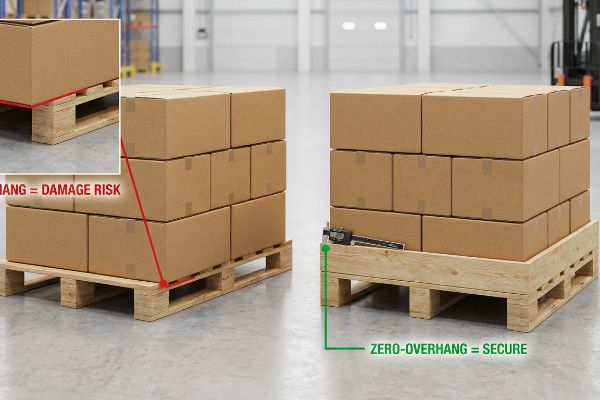 Brown cardboard boxes on wooden pallets illustrate Overhang Damage Risk versus Zero-Overhang Secure placement, with a caliper measuring the flush edge.
