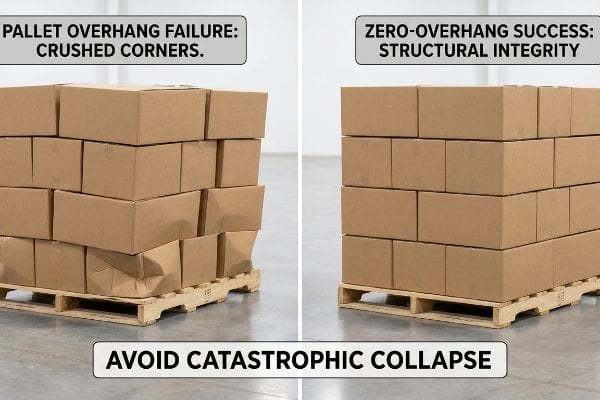 Comparaison entre les boîtes en carton ondulé brun sur palettes : défaillance due au débordement de la palette (coins écrasés) et réussite sans débordement (intégrité structurelle), évitant un effondrement catastrophique.