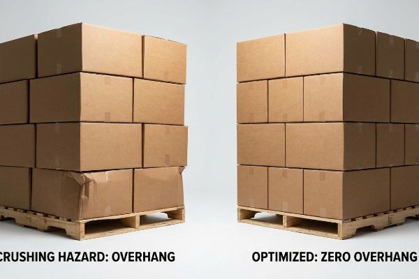 Two stacks of brown corrugated boxes on wooden pallets, one showing Crushing Hazard: Overhang, the other Optimized: Zero Overhang.