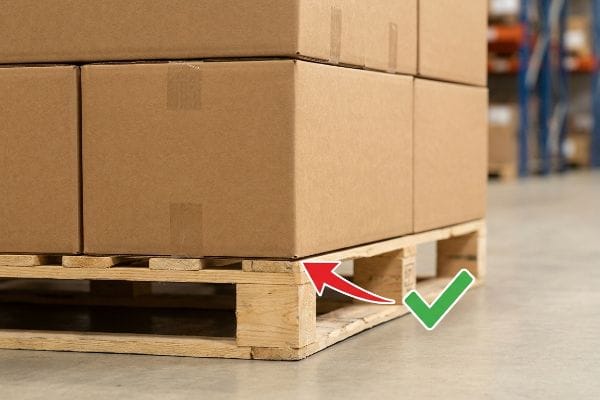 Brown cardboard boxes on a wooden pallet, a red arrow highlights the box overhang, critical for maintaining vertical compressive strength.