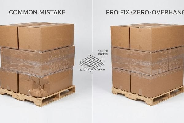 Brown cardboard boxes on pallets, contrasting a Common Mistake with damaging overhang against a Pro Fix (Zero-Overhang) demonstrating a 0.5 Inch Buffer for 48x40 pallet loading.