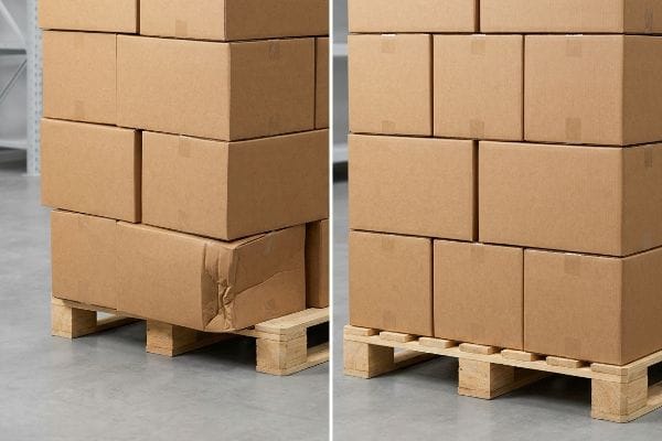 Crushed cardboard boxes on a wooden pallet, showing significant overhang and compression damage.