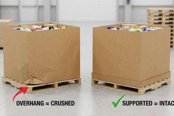 Brown corrugated boxes on pallets: one crushed from overhang ('Overhang = Crushed'), the other intact ('Supported = Intact').