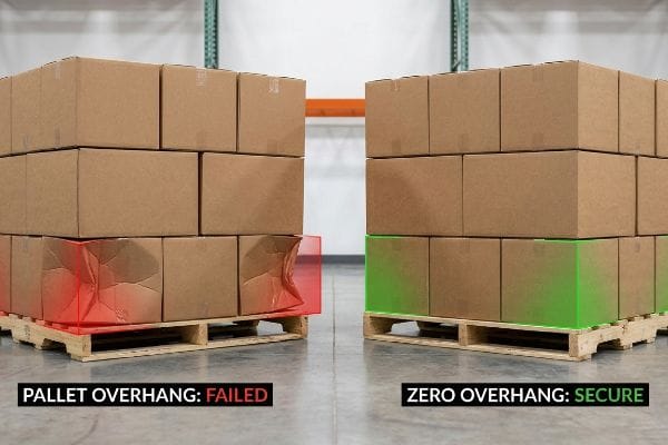 Brown cardboard boxes on pallets show Pallet Overhang: Failed (crushed, red) versus Zero Overhang: Secure (intact, green).