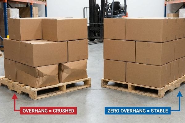 Brown corrugated master cartons on wooden pallets demonstrate load distribution, showing 'Overhang = Crushed' on the left and 'Zero Overhang = Stable' on the right.