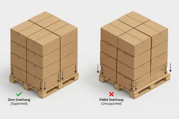 Brown cardboard boxes on pallets, showing correct Zero Overhang (Supported) versus damaging Pallet Overhang (Unsupported) with visible crushing.