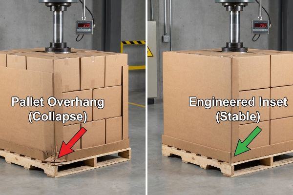 Corrugated cardboard boxes on pallets under a hydraulic press, illustrating Pallet Overhang (Collapse) versus Engineered Inset (Stable) for optimal freight stability.