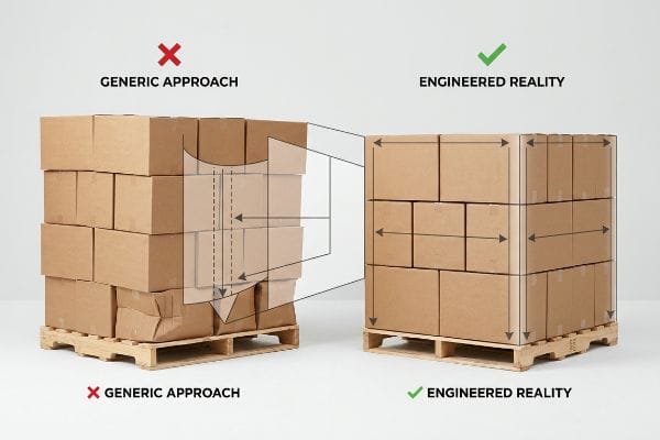 Brown corrugated boxes on pallets, contrasting Generic Approach's overhang and crushed boxes with Engineered Reality's precise, zero-overhang palletization for stable load distribution.