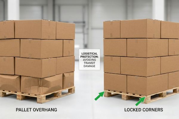 As caixas master de papelão marrom demonstram os danos causados pela saliência do palete em comparação com os cantos travados para proteção logística, evitando danos durante o transporte.