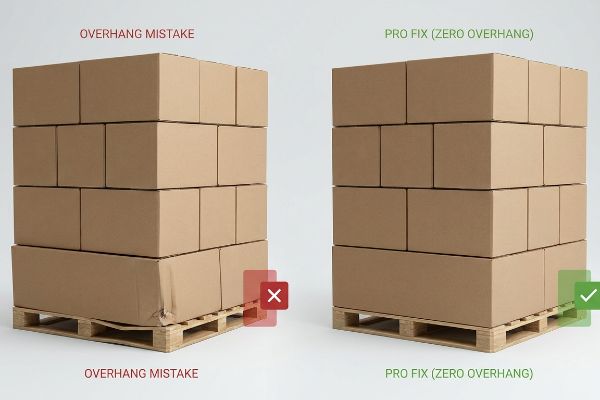 Brown corrugated boxes on pallets illustrate an Overhang Mistake with crushing versus a Pro Fix (Zero Overhang) for optimal compression strength.