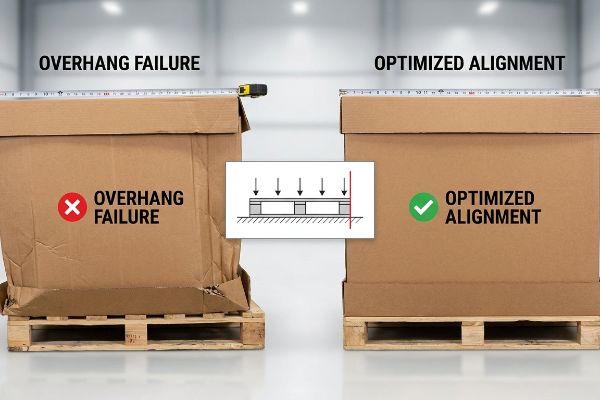 Corrugated boxes on pallets demonstrate 'Overhang Failure' with a crushed box and 'Optimized Alignment' with an intact box, highlighting shipping damage prevention.
