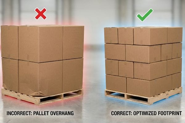 Brown corrugated cardboard boxes on wooden pallets, illustrating incorrect pallet overhang (left, red X) with crushed boxes, versus correct optimized footprint (right, green checkmark) within the GMA pallet perimeter.