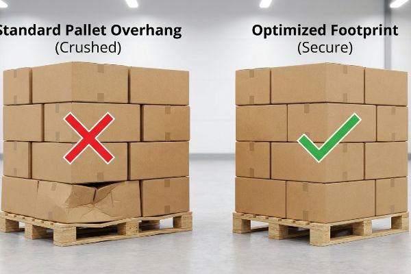 Pallet overhang (crushed) vs. optimized footprint (secure) for corrugated boxes on wooden pallets, showing damage and stability.