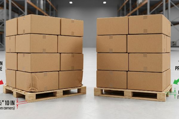 Brown corrugated boxes on pallets, showing a Common Rookie Mistake with 1/2