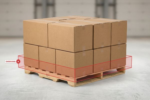 Brown corrugated boxes on a wooden pallet with a red overlay indicating 'Overhang,' illustrating improper pallet loading and compromised structural integrity.