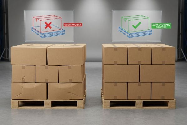 Pallet Overhang Solution Brown cardboard boxes on pallets compare Overhang Risk causing BCT collapse to a Zero-Overhang Solution for stability.