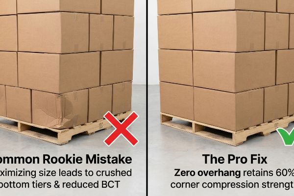 Brown cardboard boxes on wooden pallets illustrate a Common Rookie Mistake of pallet overhang causing crushed bottom tiers versus The Pro Fix of zero overhang retaining 60% Corner Compression Strength.