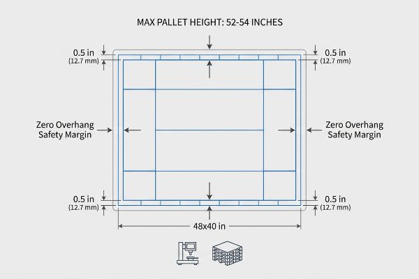Pallet dimension diagram with 48x40 inch footprint, 0.5 inch (12.7 mm) zero overhang safety, and Max Pallet Height 52-54 Inches.